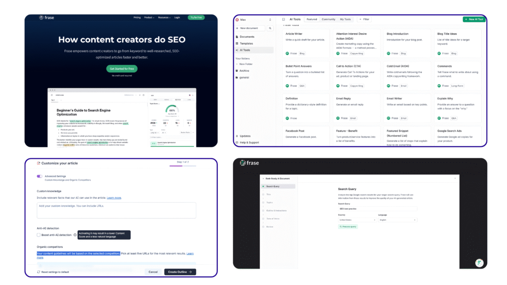 Screenshot of Frase.io dashboard for content optimization – Frase.io review