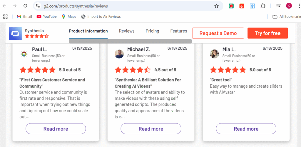 G2 user/customer review - Synthesia AI review