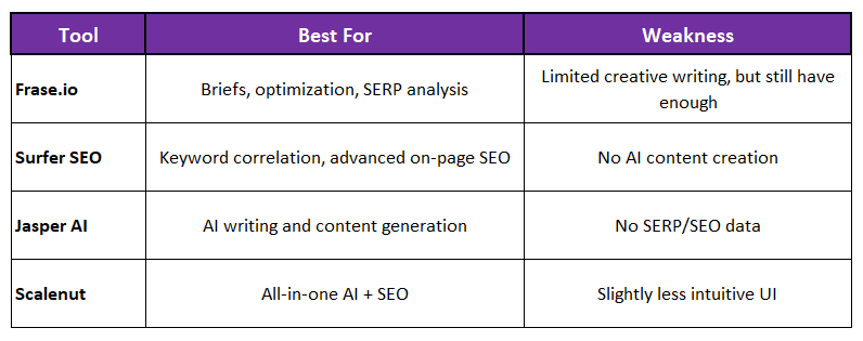 Comparison of Frase.io with other SEO tools - Frase.io review